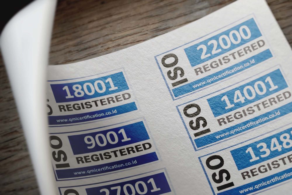 Rolls of certification labels showing internationally recognised standards